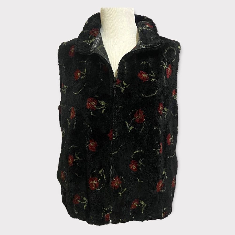 Vintage Warm Oversized Fluffy Cozy Floral Black GrandmaCore Zip Up Vest